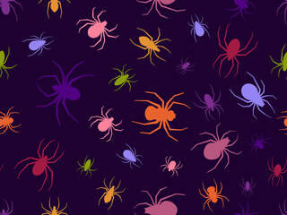 Colored spiders seamless pattern. Background for Halloween with spiders of different shapes and sizes. Design for print, banners and posters. Vector illustration