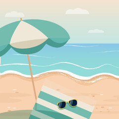 Sandy beach, ocean, summer, sun, perfect vacation. Vector illustration.