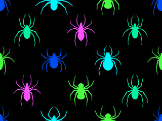 Colored spiders seamless pattern. Background for Halloween with spiders of different shapes and sizes. Design for print, banners and posters. Vector illustration