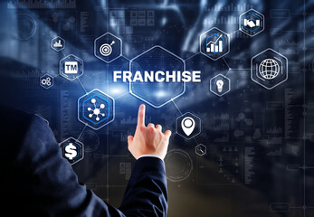 Businessman hand touching inscription Franchise marketing system