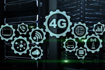 Mobile telecommunication cellular high speed data connection concept: 4G LTE. On server room background