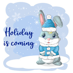 Cute cartoon rabbit in a Santa hat on a background of snow. Winter 2023, Christmas and New Year