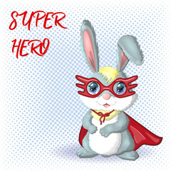 Cartoon rabbit, hare superhero in red cloak and mask. Cute childish character, Easter, spring, symbol of 2023