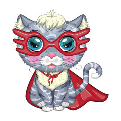 Cartoon cat superhero in a red cloak and mask. Cute child character, symbol of 2023 new chinese year