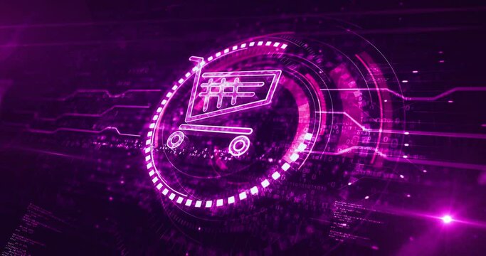 Shopping cart icon online commerce and e-commerce business symbol digital concept. Network, cyber technology and computer background abstract 3d animation. Seamless and loopable.