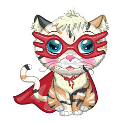Fototapeta premium Cartoon cat superhero in a red cloak and mask. Cute child character, symbol of 2023 new chinese year
