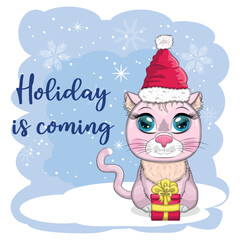Cute cartoon cat in a Santa hat on a background of snow. Winter 2023, Christmas and Chinese New Year.