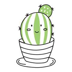 Cute cactus in the style of doodles. cactus with kawaii emotions. Vector illustration of a happy smiling cactus with spikes and needles. A plant in a flower pot. icons.