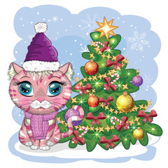Cute cartoon cat in Santa's hat near the decorated Christmas tree. Winter 2023, Christmas and Chinese New