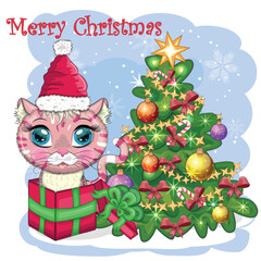 Cute cartoon cat in Santa's hat near the decorated Christmas tree. Winter 2023, Christmas and Chinese New