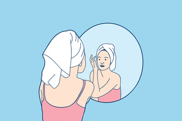 Illustrations beautiful girl sitting in front of mirror with bathrobe