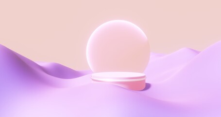 Fototapeta premium Soft pink podium backdrop for product display with dreamy landscape background 3d render