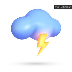 Vector 3d weather icon isolated on white background. Blue cloud with shadow and highlight, yellow glowing lightning bolt, thunder. Vector illustration for postcard, banner, web, design, arts.