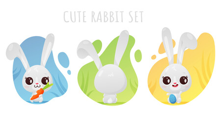 Set of cute gray rabbit with egg, carrot, symbol of new 2023 year on colored spot on white background. Vector illustration for postcard, banner, web, decor, design, arts, calendar.