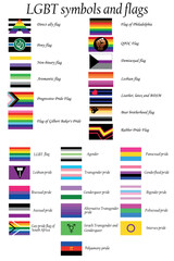 LGBT flag set including Progressive, Standard, Bisexual, Polyamory, Asexual, Aromantic, Philadelphia, QPOC, Demisexual, Lesbian, BDSM, Rubber - obrazy, fototapety, plakaty