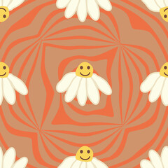 Retro Smile Chamomile Seamless Pattern on 1970 Wavy Swirl Seamless Pattern. Hippie Aesthetic.