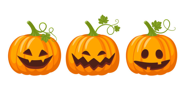 Set of Halloween pumpkins. Halloween scary pumpkin with smile, happy face. Vector illustration isolated on white background. Holiday and autumn symbol.