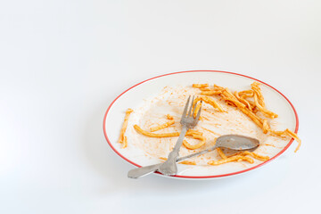 Plate with leftover food and cutlery on white background.