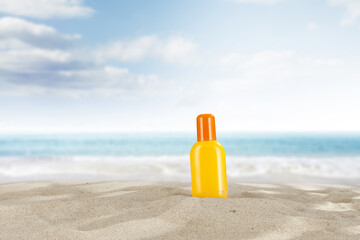 Summer photo of tanning oil and sea landscape. 