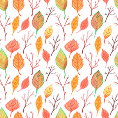 Obraz premium Seamless pattern with autumn leaves and branches hand drawn with colored pencils in warm autumn colors