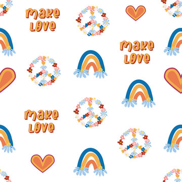 Love heart, peace symbol, rainbow retro 70s seamless pattern. Scattered heart shapes on a swirling background.