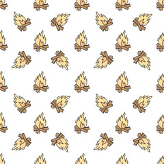 Seamless pattern with burning campfire hand drawn doodle outline vector. Cute doodle vector pattern.