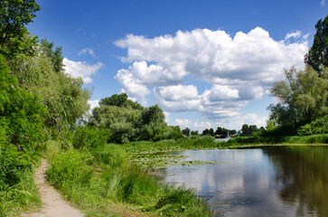 Dnepr River. Ukraine. A picturesque trail in the Obolonsky district of the city of Kyiv