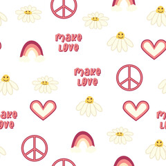 Love heart, peace symbol, rainbow retro 70s seamless pattern. Scattered heart shapes on a swirling background.
