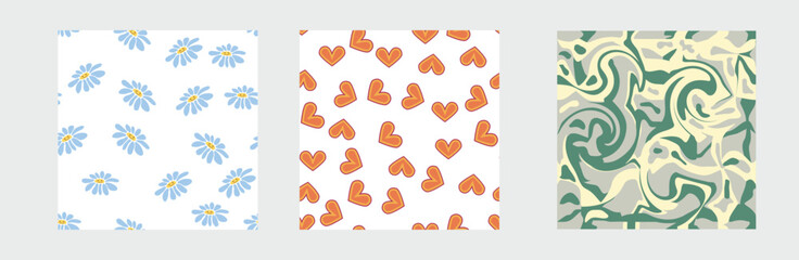 Set of retro 1970s seamless pattern. Floral, swirl, mushrooms, peace symbol, camomile, smile.