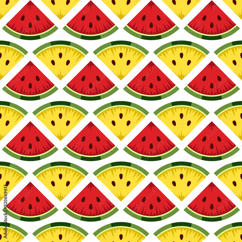 Poster seamless pattern with cut yellow and red watermelon. vector colorful background.