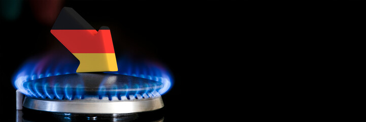 Decreased gas supplies in Germany. A gas stove with a burning flame and an arrow in the colors of...