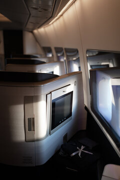 Airplane cabin business class interior view