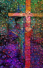 colorful mosaic cross art, AI generated artwork plus editing