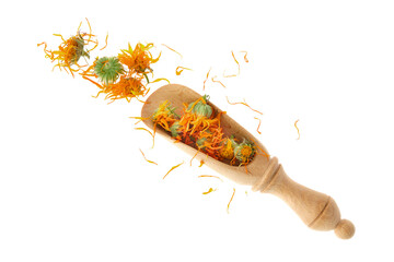 Wooden scoop of dried calendula flowers, isolated on white background. Petals of calendula flowers for making healthy herbal tea. Top view.
