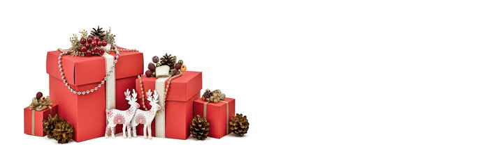 Gift box. Red gift or surprise box. red present box decoration design element. Festive banner with...