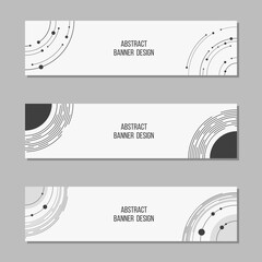 Set of 3 abstract vector banner templates. Banners with geometric elements, dots, rounded lines, curves. Place for text. Vector black and white illustration.