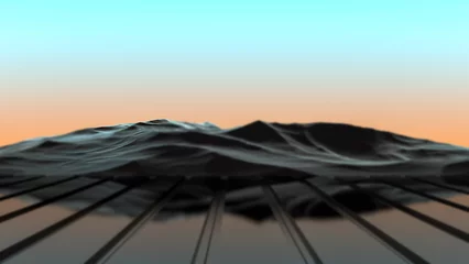 Foto op Aluminium Futuristic mountain landscape and reflective metallic floor with blur. Sci-fi mountains with blur. Cyber sci-fi. 3D render. © Binkontan