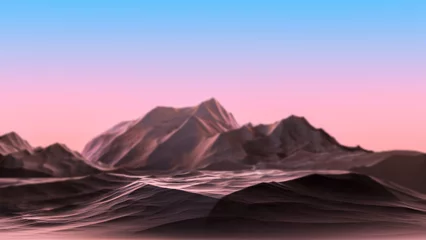 Fototapeten Landschaft des Berges vor dem Hintergrund des Sonnenuntergangs, Morgenhimmel in Unschärfe. Abstrakte Reliefberge in der Natur vor dem Hintergrund des Himmels mit Unschärfe. 3D-Rendering. © Binkontan