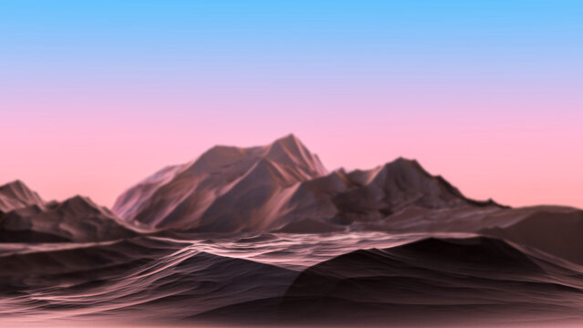 Landscape of the mountain against the backdrop of sunset, dawn sky in blur. Abstract relief mountains in nature against the background of the sky with blur. 3D render.