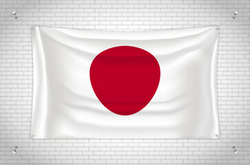 Japan flag hanging on brick wall. 3D drawing. Flag attached to the wall. Neatly drawing in groups on separate layers for easy editing.