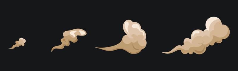 Cartoon smoke and dust clouds set. Dusty particles isolated. Dry sand flying. Vector illustration