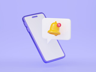 Notification bell on mobile phone screen 3d render.