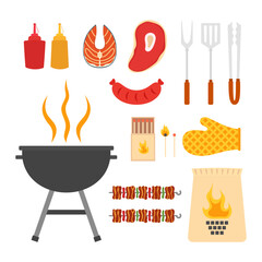 set of barbecue items on white background