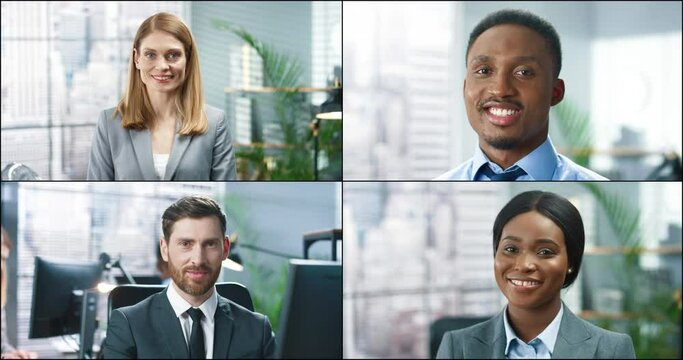 Close up portraits of multi-ethnic young business people smiling to camera. Men and women at office indoors. Collage compilation of diverse workers. Businessman working on computer, corporate style