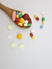     Various pharmaceutical medicine pills, tablets and capsules on wooden spoon