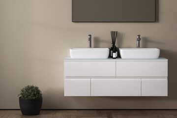Comfortable double  white sink with oval mirrors standing on wooden countertop in modern bathroom with beige wall, accessories, soap bubles and plant. 3d rendering
