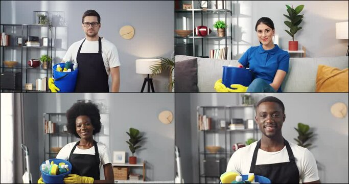 Portraits of mixed-race people professional cleaners indoor in living room. Cleaning service job. Male and female workers with cleaning tools at work. Diversity. Collage. Multi screen Business concept