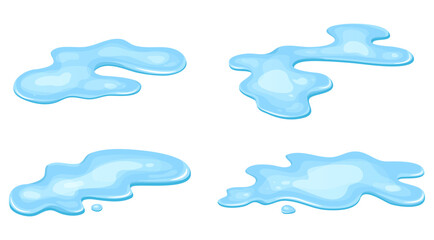 Set of water puddle, liquid cartoon style. Drop isolated on white background. Blue split, splash on floor. Vector illustration