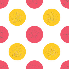 Geometric seamless pattern with circles and sand elements. Red and  yellow circles repeting on white background. Modern  design for paper, cover, fabric. Vector illustration. 