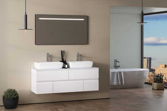 Interior of modern bathroom with beige and green walls, wooden floor, bathtub, plants, double sink standing on wooden countertop and a square mirror hanging above it. 3d rendering
